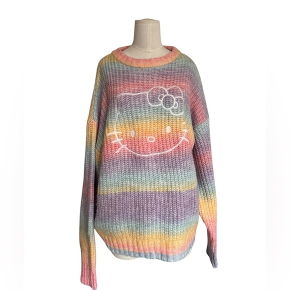 Hello Kitty x Forever 21 Pastel Rainbow Long Sleeve  Oversized Knit Sweater L - Picture 2 of 6